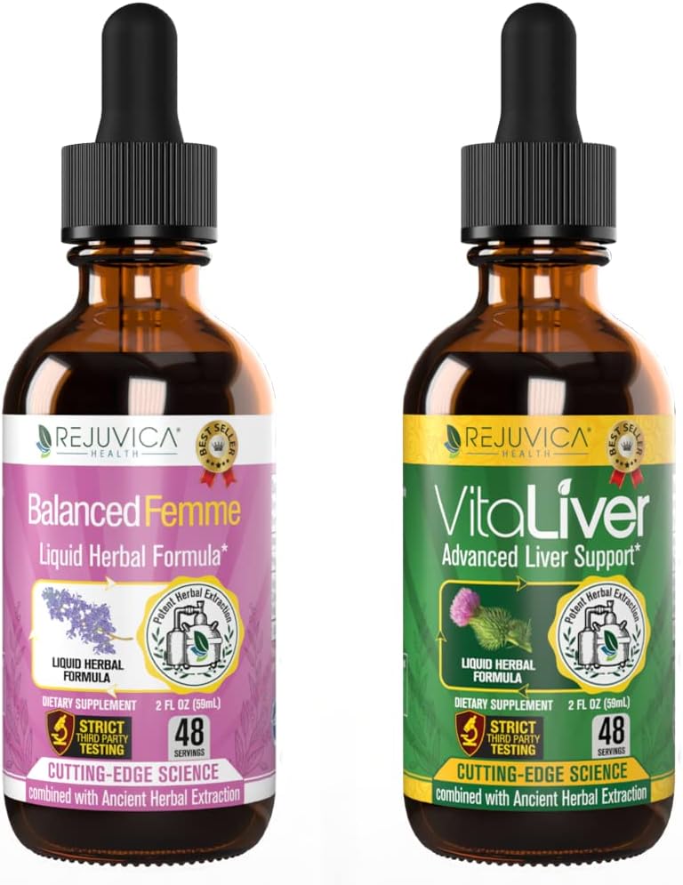 Rejuvica Sanatate echilibrata Femme + VitaLiver - Suport feminin + Suport hepatic - Livrare lichida pentru o mai buna absorbtie - Thistle lapte, Dong Quai, Anghike, Maca, Dandelion & More!