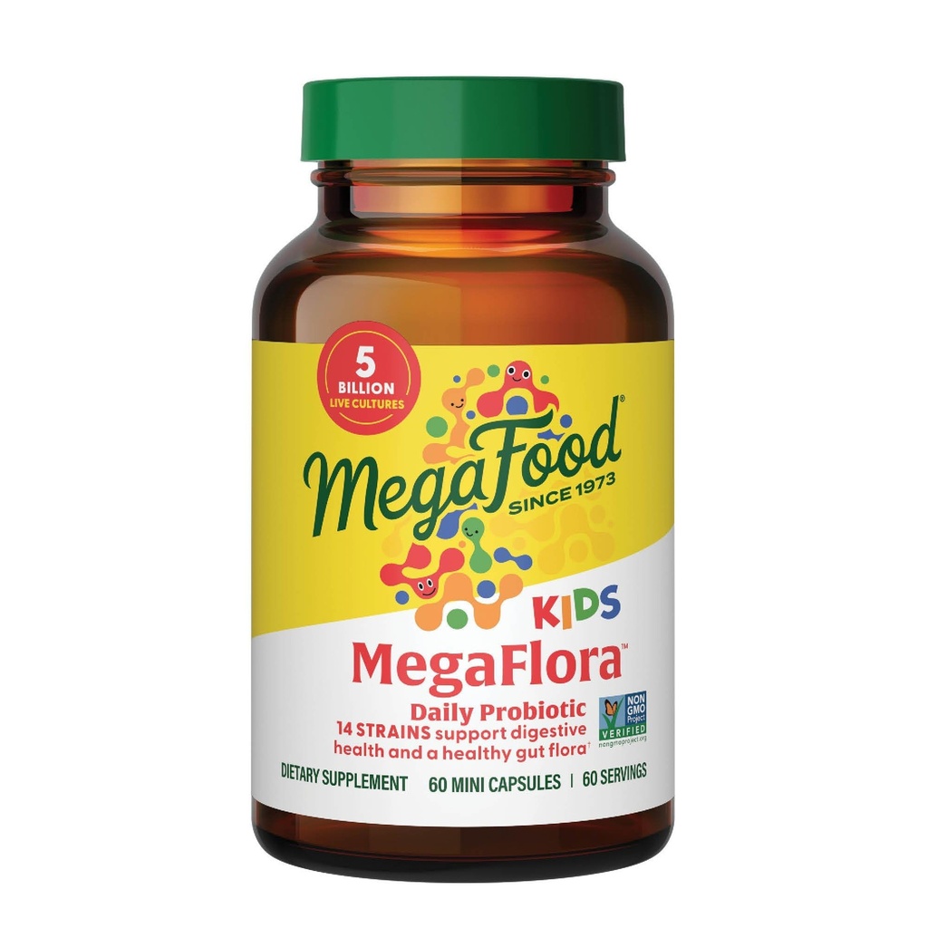 Megafood MegaFlora Copii Probiotice - 5 miliarde CFU - non-GMO, vegetarian, Made Without 9 Food Allergens, Probiotice pentru Digestive Health- 60 Mini Capsule (60 Servings)
