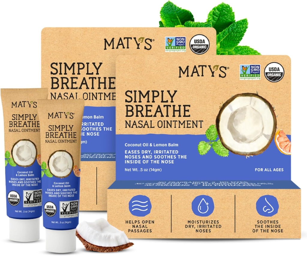 Matys Organic Pur și simplu respirați Ointment nazal pentru nasuri uscate și nări Datorită alergiilor, sângerări nas, Iritație CPAP & dispozitiv de oxigen, alternativa salină curată pentru adulți și copii, 2 ambalaj, 0,5 oz Fiecare