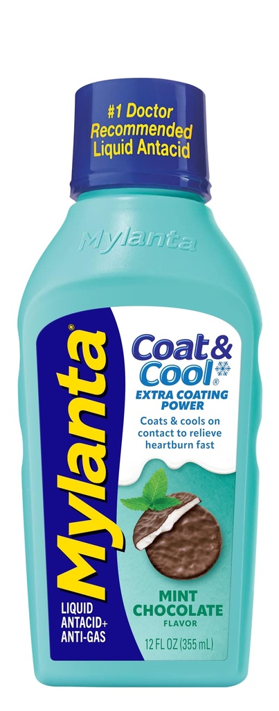 Mylanta Heartburn and Gas Relief, Lichid Antiacid, Coat & Cool Formula, Mint Chocolate Flavor, 12 Fl Oz