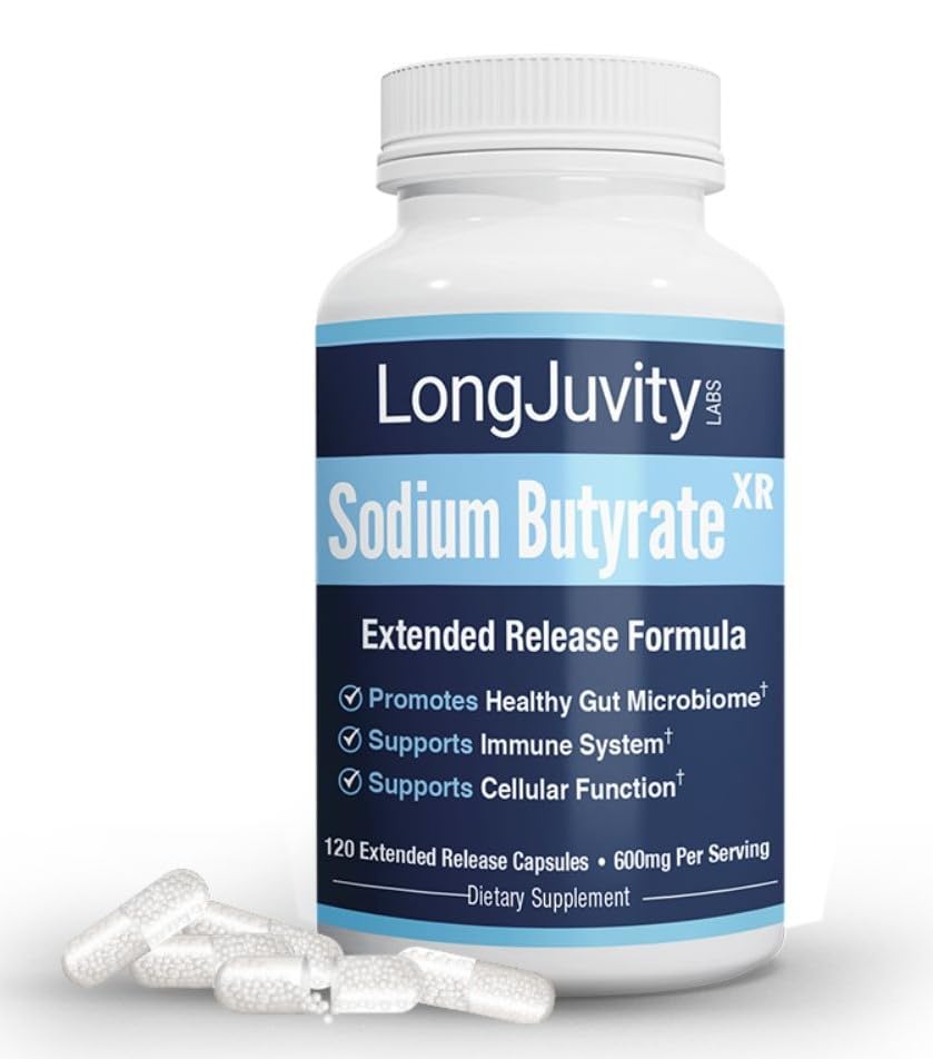 LongJuvity Sodium Butirate Supliment (300mg) - Firest Soursed Postbiotic - Optimal Gut Health & Leaky Gut Repair - Postbiotic scurt Chain Fatty Acid, Lab testat (120 Capace extinse de eliberare)