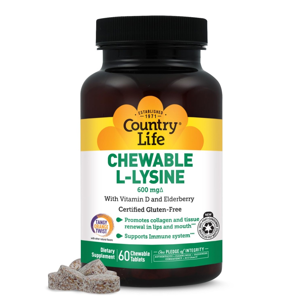 Country Life Chewable L-Lysine Supliment cu vitamina D şi Elderberry, Immune Support şi Colagen Reînnoirea pentru ţesutul pielii, Ideal pentru adulţi