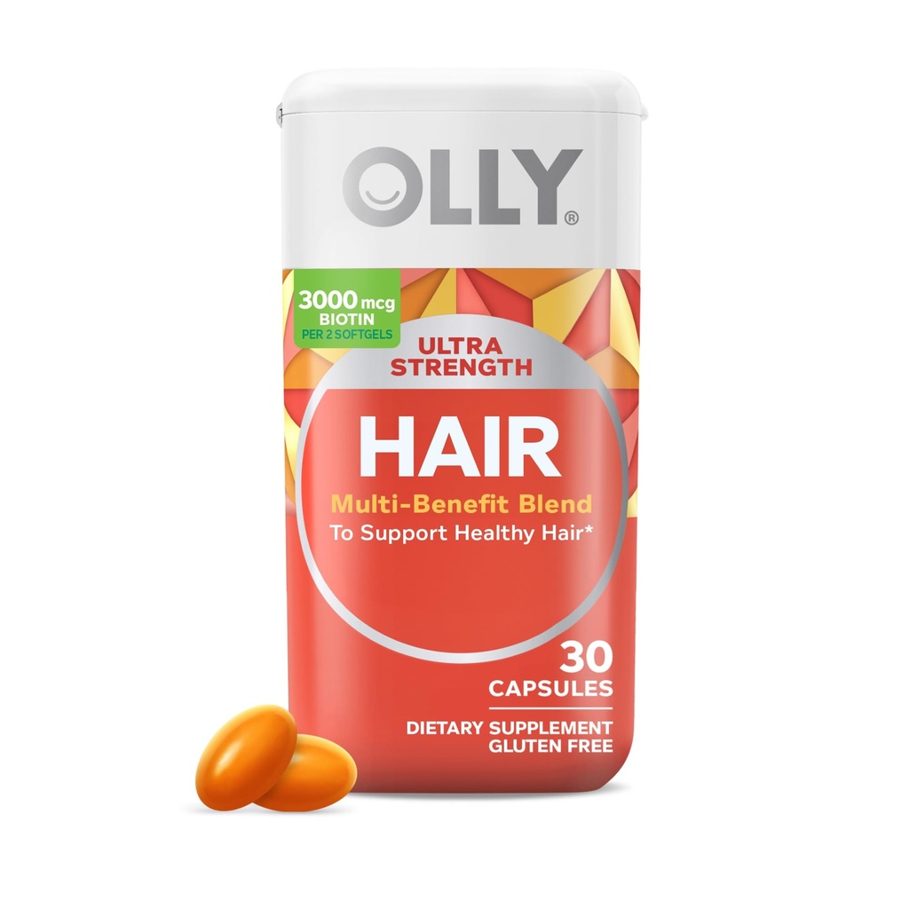 OLLY Ultra Putere Softgels păr, Sprijină Sănătatea părului, Biotina, Keratina, Vitamina D, B12, Suplimentul parului, 30 zile de aprovizionare - 30 Conte (Packing May Vary)