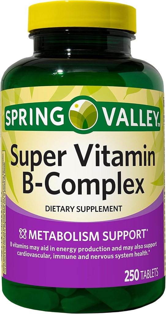 Augu Spring Valley Super Vitamina B-complex, suport metabolic, tablete Supliment alimentar, 250 Conte