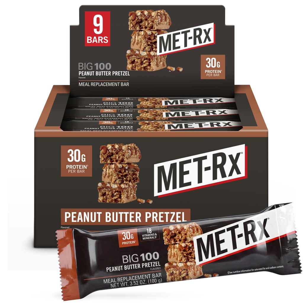 MET-Rx Big 100 Baruri de proteine Colosal, mare ca de înlocuire sănătos masă, Snack, și de ajutor de sprijin energie, Unt de arahide covrig, cu vitamina A, vitamina C, și zinc, 100 g, (Pachet de 9)