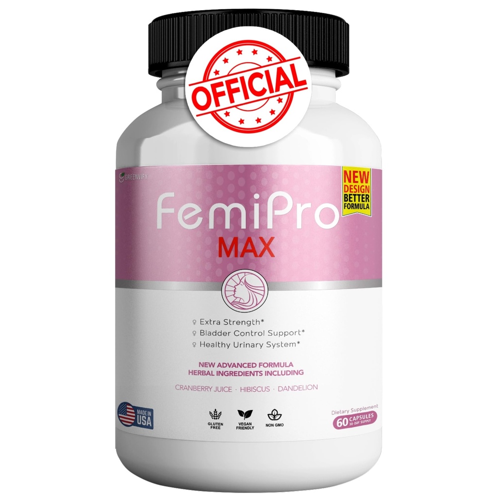 FemiPro MAX Supliment de suport urinar pentru femei, 60 capsule, Extra Putere Bladder Control cu Cranberry, Hibiscus, Dandelion, Vegan, Gluten Free (1)