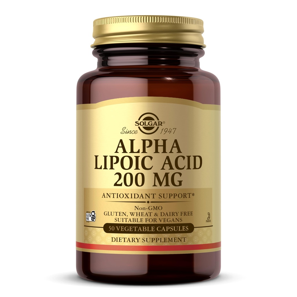 Solgar Alpha Acid lipoic 200 mg, 50 Capsule vegetale - Suport antioxidant - Ajuta la reciclarea glutationei, vitaminei C & E, CoQ-10 - non-GMO, Vegan, Gluten Free, Dairy Free, Kosher - 50 Servings