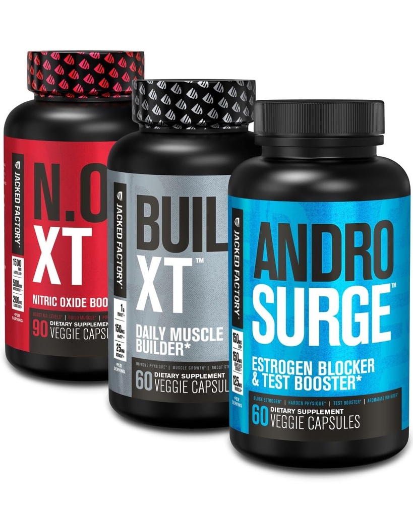 Fabrica Jacked N.O. XT Oxid de azot Supliment, Build-XT Constructor musculare, & Androsurge Estrogen Blocker pentru bărbați