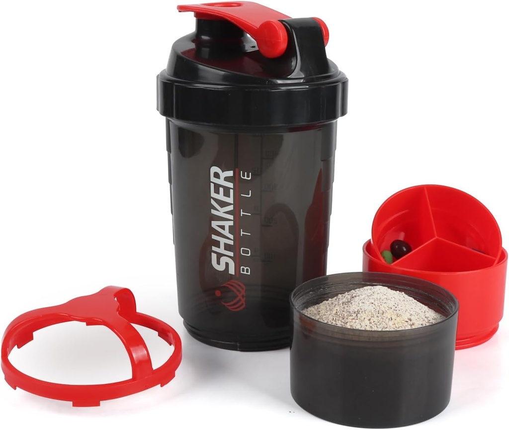 Sticle Shaker,16 oz Proteine Shaker cu bila de amestecare, 3 din 1 cupa de Shake GYM rezistente la scurgeri cu powder Storage & Pill Tray, Ideal pentru antrenament, BPA gratuit (roșu)