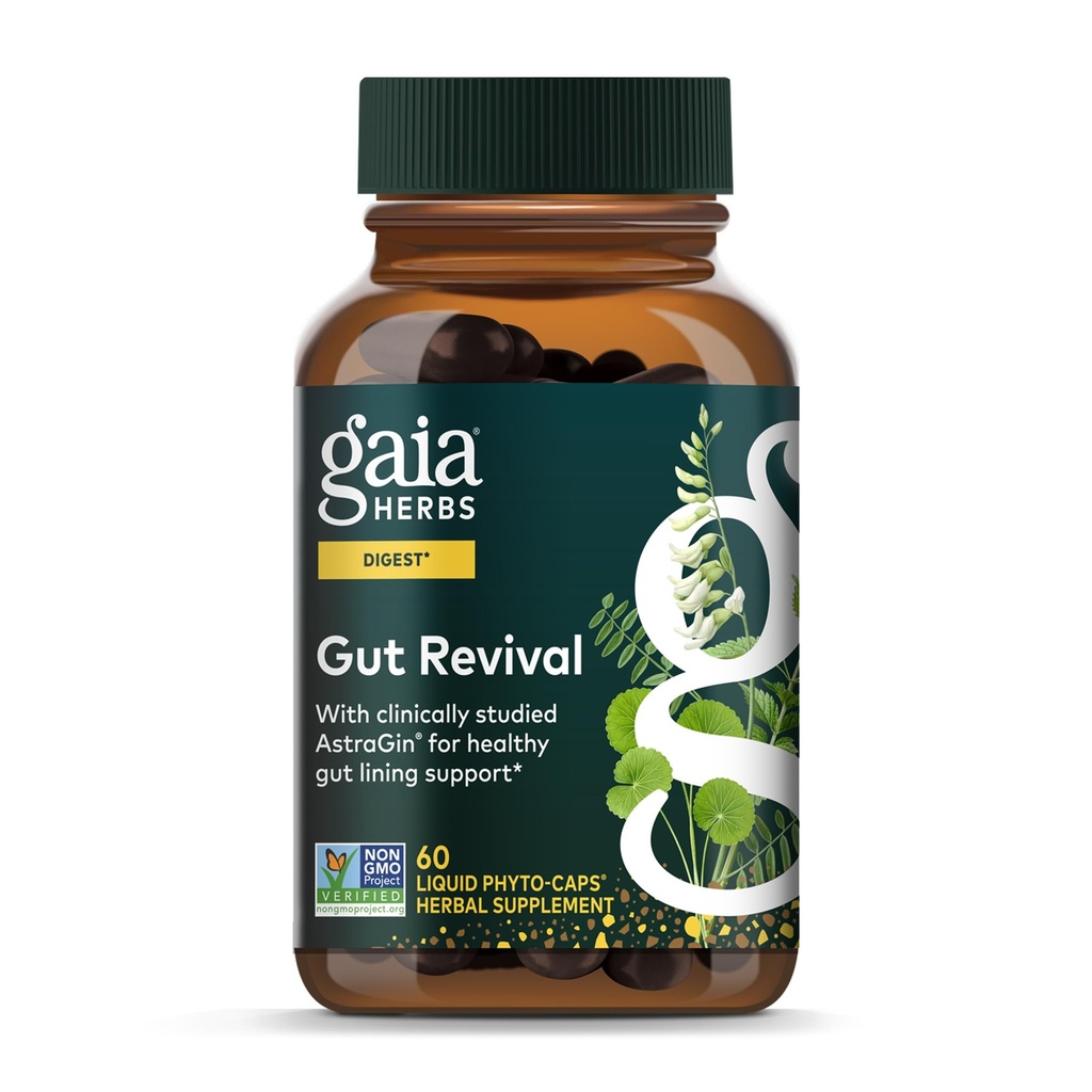 Gaia Herbs Gut Revival - Herbal Digestive Supplement to Support Gut Health - Made with Astragalus, Gotu Kola, Jujube & More - Free from Dairy, Soy & Gluten - 60 Vegan Capsule (60 Servings)
