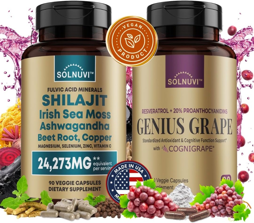 Cognitive Wellness Bundle - Resveratrol Complex & Shilajit Minerale acid fulvin - Sea Moss, Ashwagandha, Clinic testat Cognigrape Red Grape Extract - Non-GMO, Gluten-free, Supliment Vegan