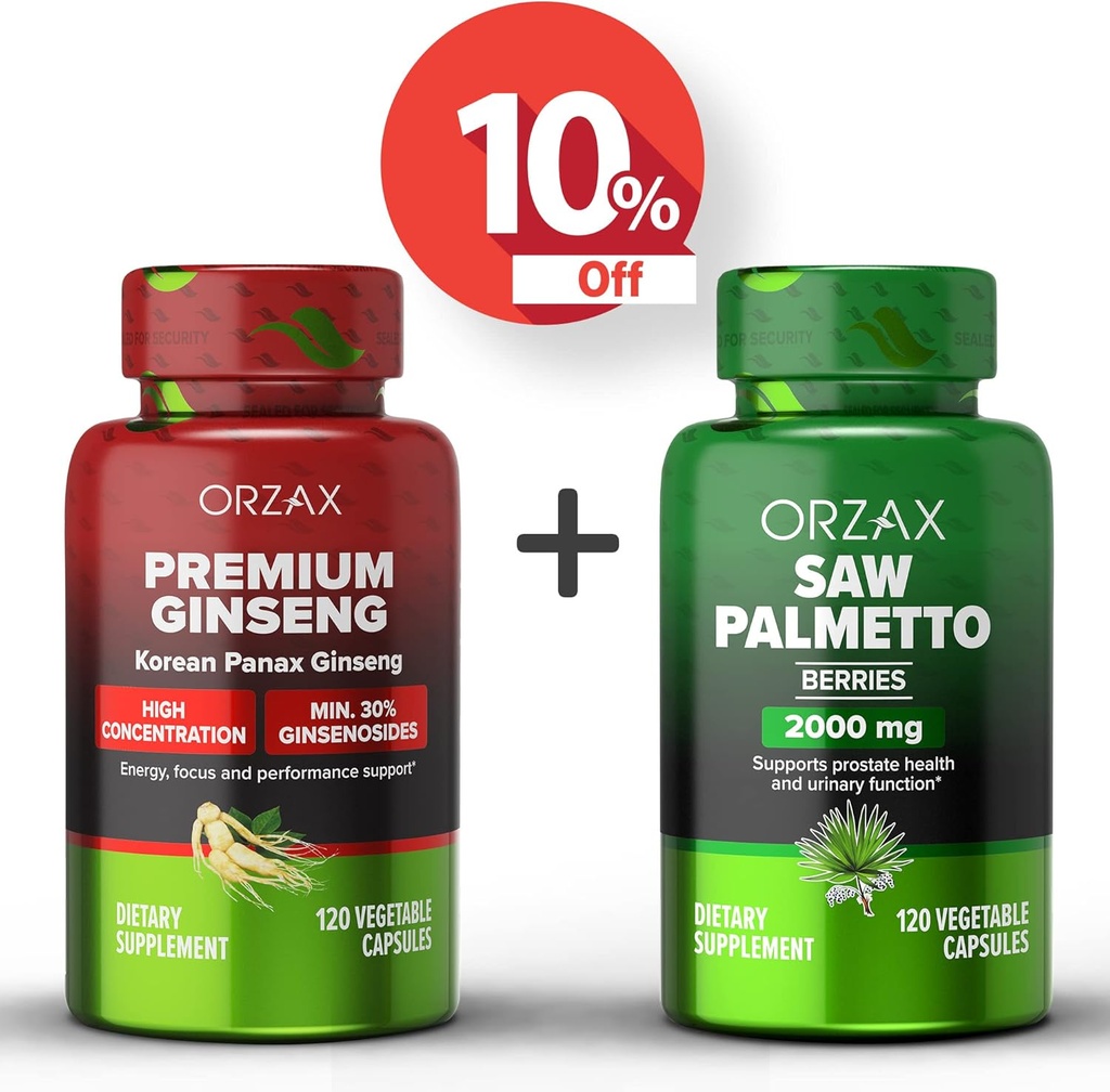 ORZAX Ginseng, 30% Ginsenozide 120 Capsule Vegatable şi Saw Palmetto 2000 mg 120 Capsule vegetale, Bundle