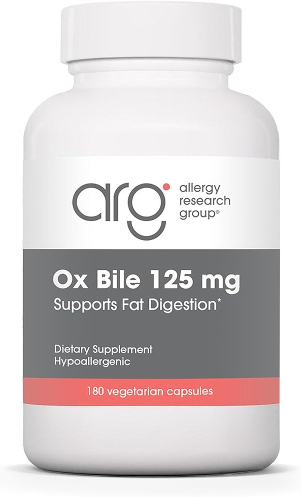 Grupul de cercetare pentru alergii Ox Bile 125 mg - Ox Bile Supplements for Gallbladder, Digestive Enzime pentru ficat, Fat Digestion Support, for Men and Women, Hypoallergenic Formula - 180 Vegicaps