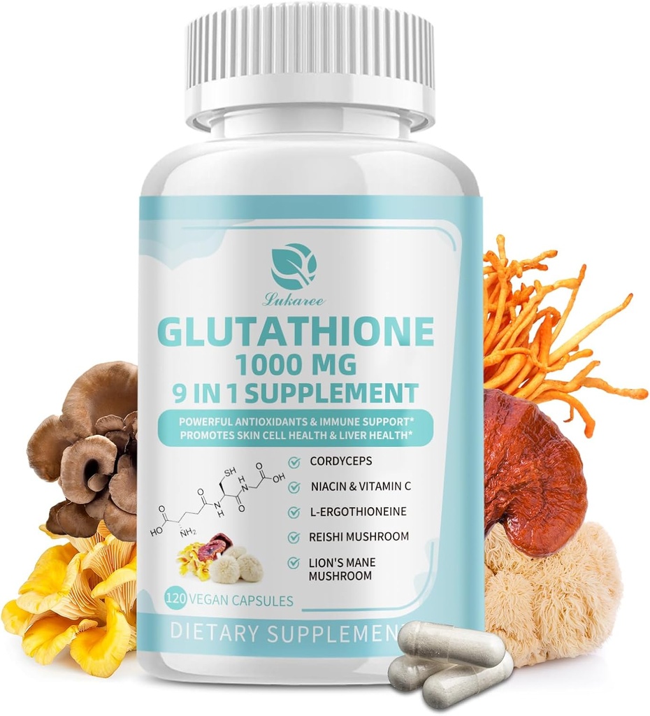 Supliment Glutatione 1000 mg, Supliment de ciuperci cu vitamina C, Niacin - Detoxifiere hepatică, Suport Imun şi Antioxidant, Capsule L- Glutatione 120 Vegane reduse - NeMG