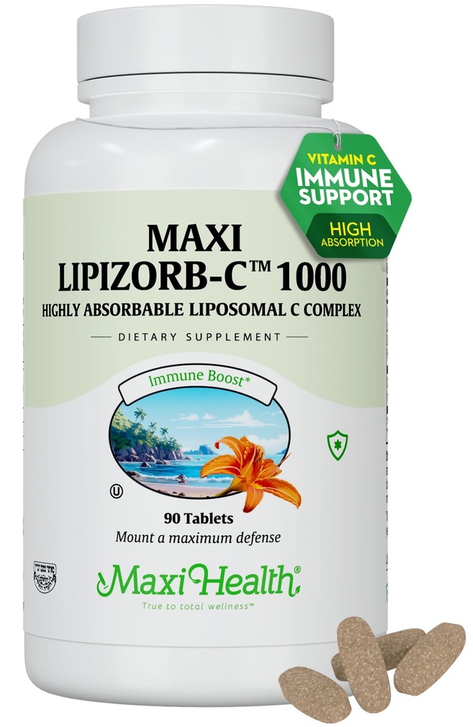 Maxi Health Vitamina lipozomala C 1000 mg comprimate cu amestec digestiv, vitamina C în doze mari, fără OMG Kosher Vegetarian Doctor-Format de sprijin imunitar (90 Număr)