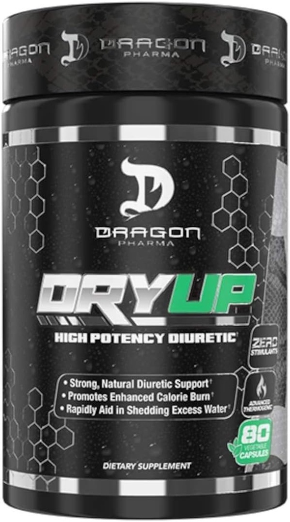 DRAGON PHARMA DryUp, Matrice Diuretică şi Termogenică de mare potenţă, Utilizare flexibilă, Supliment Stim-Free, Perfect pentru a pregăti pentru concurenţă sau Photoshoots (80 capsule)