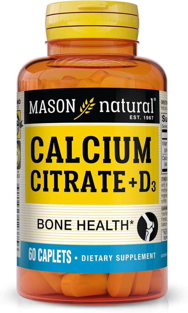 Citrat de calciu natural Mason Plus Vitamina D3, 2 Luna de aprovizionare, consolidează funcția musculară și sănătatea osoasă, 60 Caplete