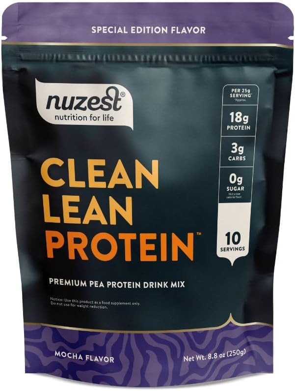 Nuzest - Pudră de proteine din mazăre - Proteină din lean curată, Pulbere de proteine pe bază de plante din Vegan Premium, Dairy Free, Gluten Free, Agitaţie de proteine fără OMG, Mocha, 8,8 oz