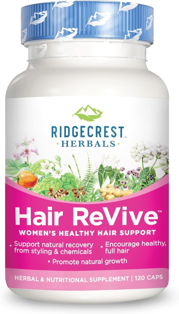 RidgeCrest Herbals Hair ReVive, Supliment nutritional al parului cu vitamina C, Biotina (6000mcg), Zinc, si cupru, Vitamine de par pentru femei pentru a sprijini parul sanatos, piele, si unghii (120 Capace, 30 Serviri)