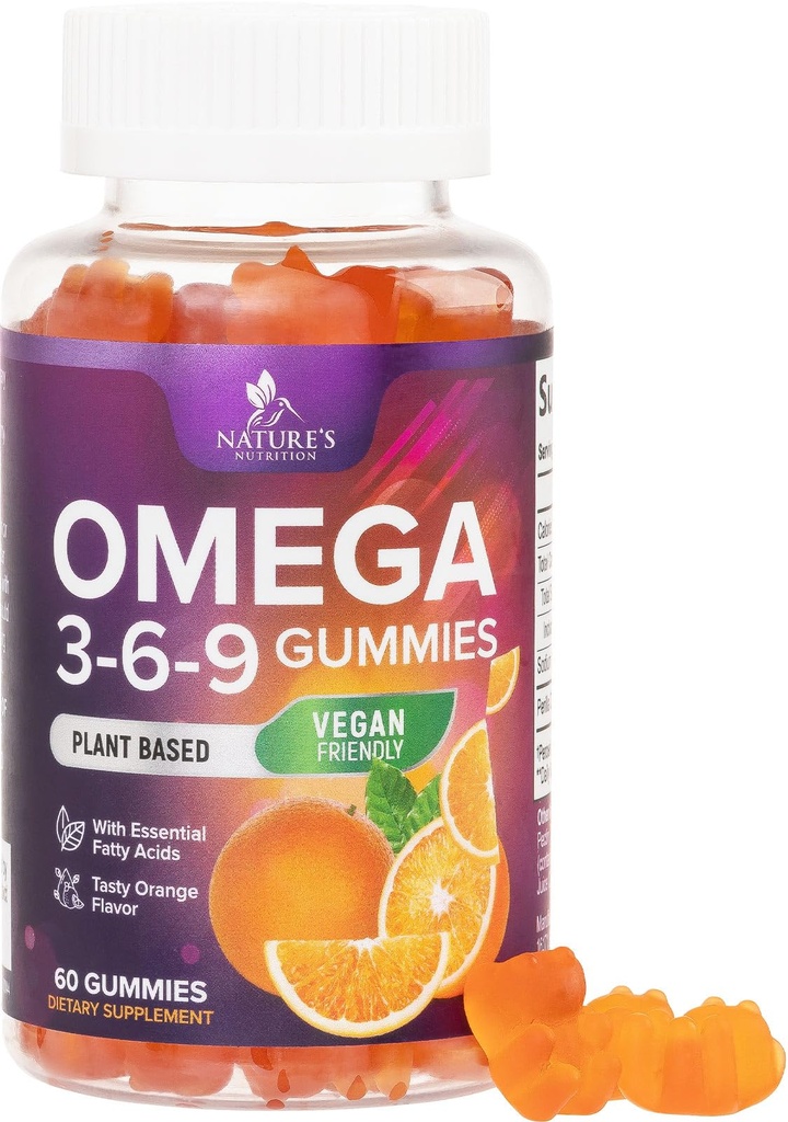 Omega 3 6 9 Gume - Vegan Omega 3 Supliment Gummy - Essential Fatty Acids Ulei 369 Complex Inima Suport & Brain pentru femei, Bărbaţi & Sarcina, Peşte gratuit non-GMO, Orange Aroma - 60 Gume