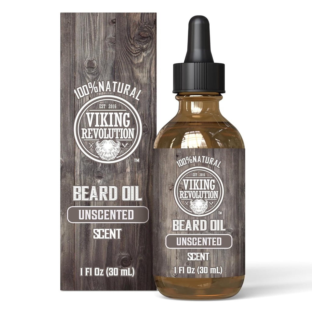 Viking Revolution Unscented Beard Oil for Men - Natural Mens Beard Oil with Argan Oil and Jojoba Oil - Beard Softener, Consolideaza si Moisturizes - Beard Balsam pentru Barbati (Unscented, 1 Pack)