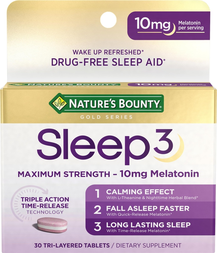 Natura's Bounty Melatonin, Sleep3 Puterea maxima 100% Drug Free Sleep Aid, L-Theanin & Nighttime Herbal Blend Time Release Technology, 10mg, 30 Tri-Layered Tablets