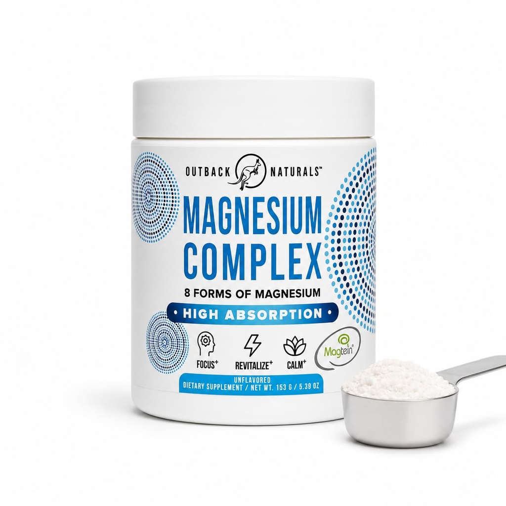 Complex de magneziu pulbere - 8 tipuri de magneziu, L-Treonat (Magtein), Glicinat, Malate, şi mai mult pentru sănătatea creierului, relaxare, absorbţie maximă - nearomatizate, 30 Serviri