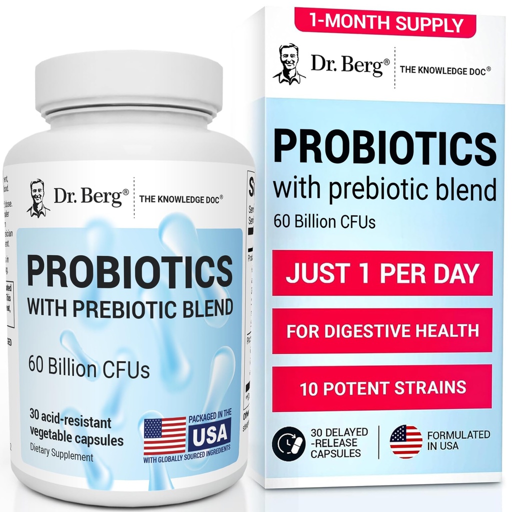 Suplimentul probiotic Berg (60 miliarde CFU) - ajută la ușurarea constipației ocazionale, diaree, gaze și balonare* - Pre și probiotice pentru sănătatea digestivă - 30 capsule probiotice
