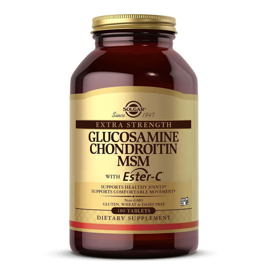 Solgar Extra Putere Glucosamină Chondroitin MSM w/ Ester- C, 180 comprimate - Promovează articulații sănătoase, susține mișcare confortabilă și formarea de colagen - non-GMO, Gluten No, Dairy No - 60 Serviri