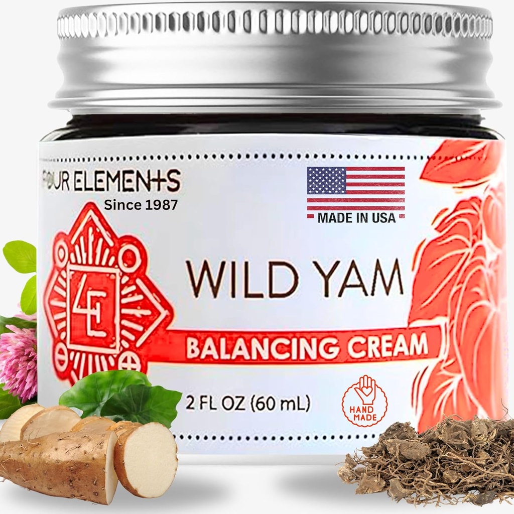 Patru elemente 4E Wild Yam Balance Cream, 2 OZ - 1st Place Winner la 2023 International Herb Symposium for Creams and Salves! Mândru agricole, artizanale și ambalate în WI, SUA.