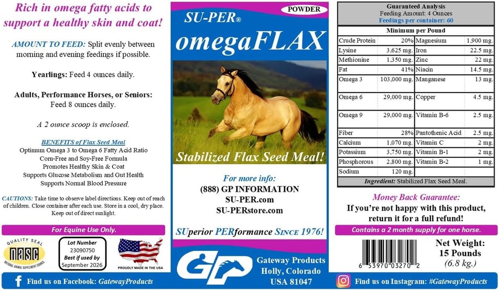 SU-PER OmegaFLAX Flax pentru cai - Premium stabilizat Inul Seed Meal & Omega 3 Supliment - Suporturi Sanatos Skin & Coat - 15 Pound
