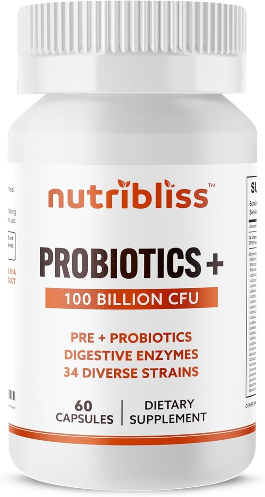Probiotice pentru femei şi bărbaţi Enzime digestive cu prebiotice 100 Miliarde CFU 34 Tulpinile susţin constipaţia, diareea, gazul şi balonarea (60 capsule)