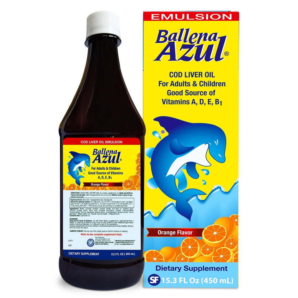Ballena Azul Aceite de Hígado de Bacalao para Adultos y Niños, COD Ulei de ficat pentru adulți și copii, Sursa buna de vitamine A,D,E, B1, Supliment alimentar, Omega 3, Inmune System Boost (ORANGE 15 OZ)