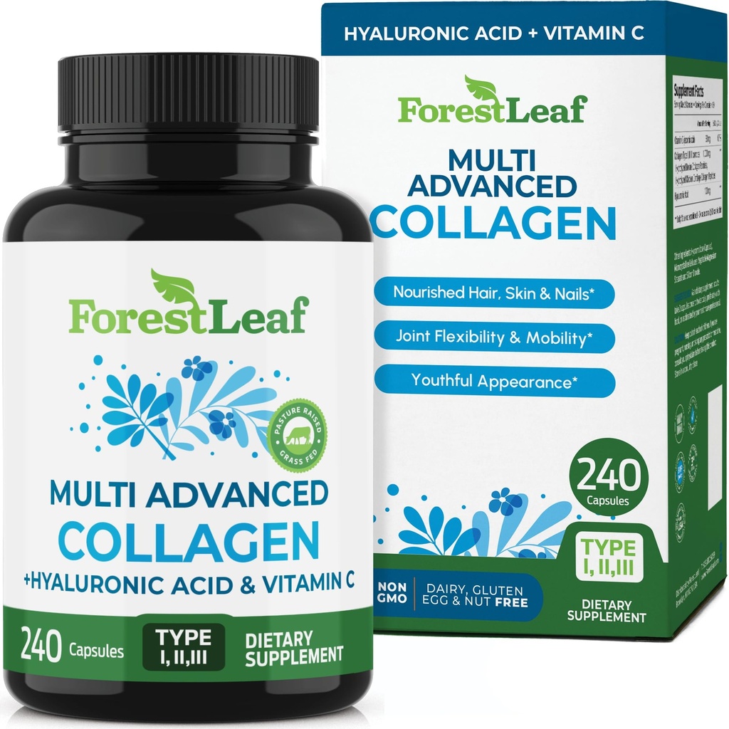 ForestLeaf Multi Colagen Pastile - Colagen Men & Colagen Femei - Hydrolyzed Colagen Suplimente cu vitamina C & Acid hialuronic - Capsule Colagen pentru par, Piele & Nails (240 Capsule Peptide)