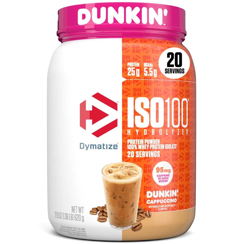 Dymatize x Dunkin' Cappuccino ISO100 Whey Pulbere de proteine, 95mg Cafeina, 25g de proteine 5.5g BCAAs, 120 Cal., Gluten gratuit, 1g grăsime, 1g zahăr, 2g carbohidrat (20 serviri)