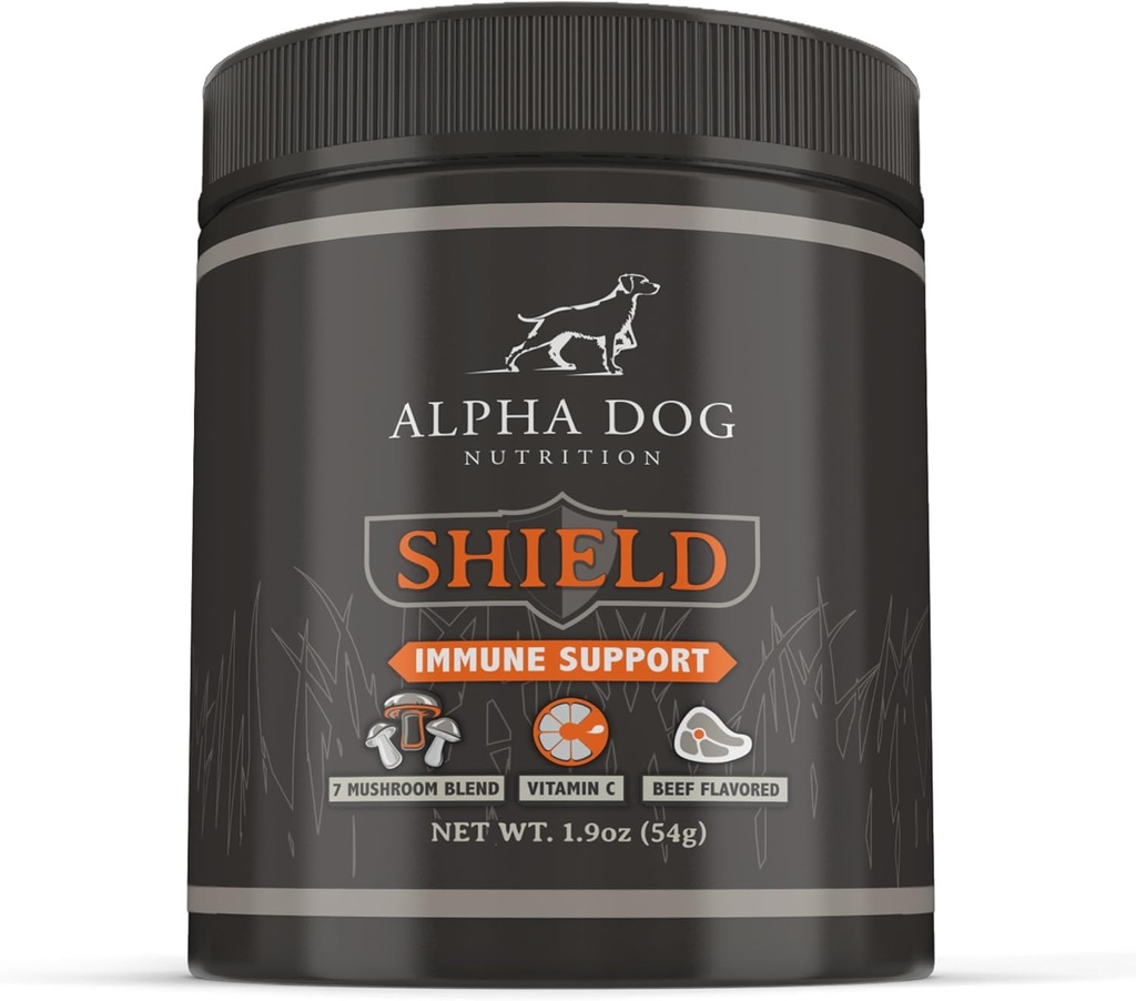 Shield Alergia Suport Imun pentru Câini de Alpha Dog Nutriție - 7 Complex de pulbere de ciuperci nutriționale + Vitamina C pentru a stimula imunitatea - până la 60 Serviri pentru câini Rasa mici, 54g