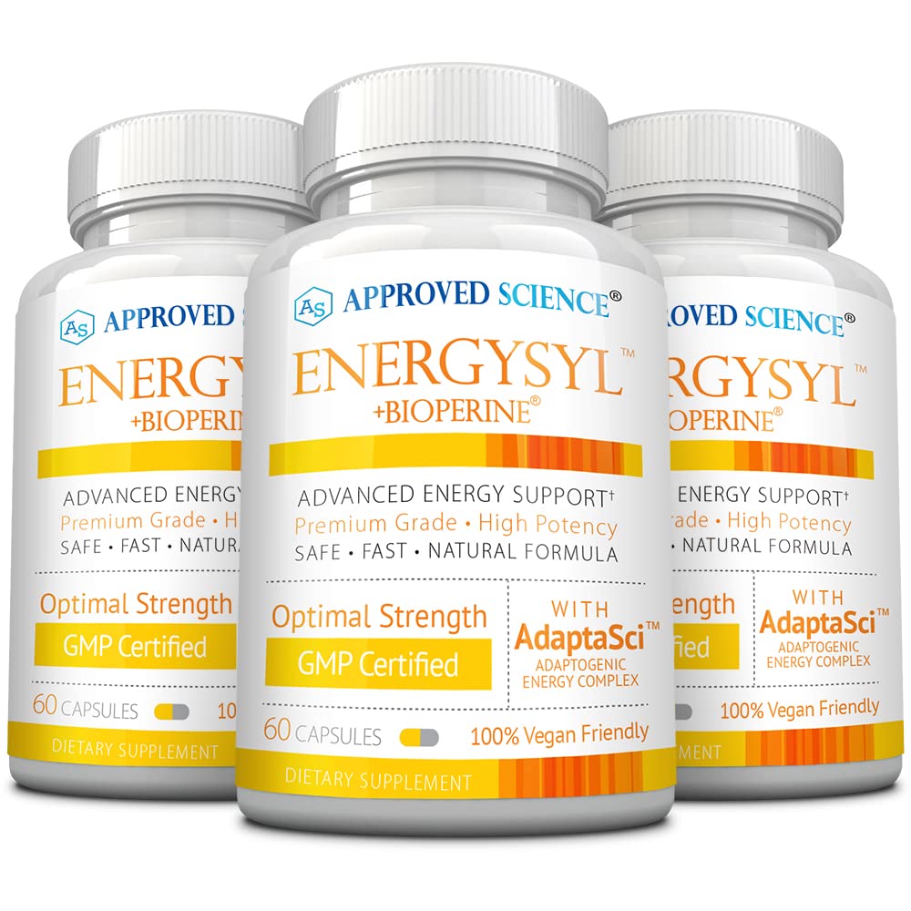 Stiinta aprobata Energysyl - Cafeina liber - cu Adaptogens, B Vitamine, si Bioperine - 3 luni aprovizionare - 180 capsule