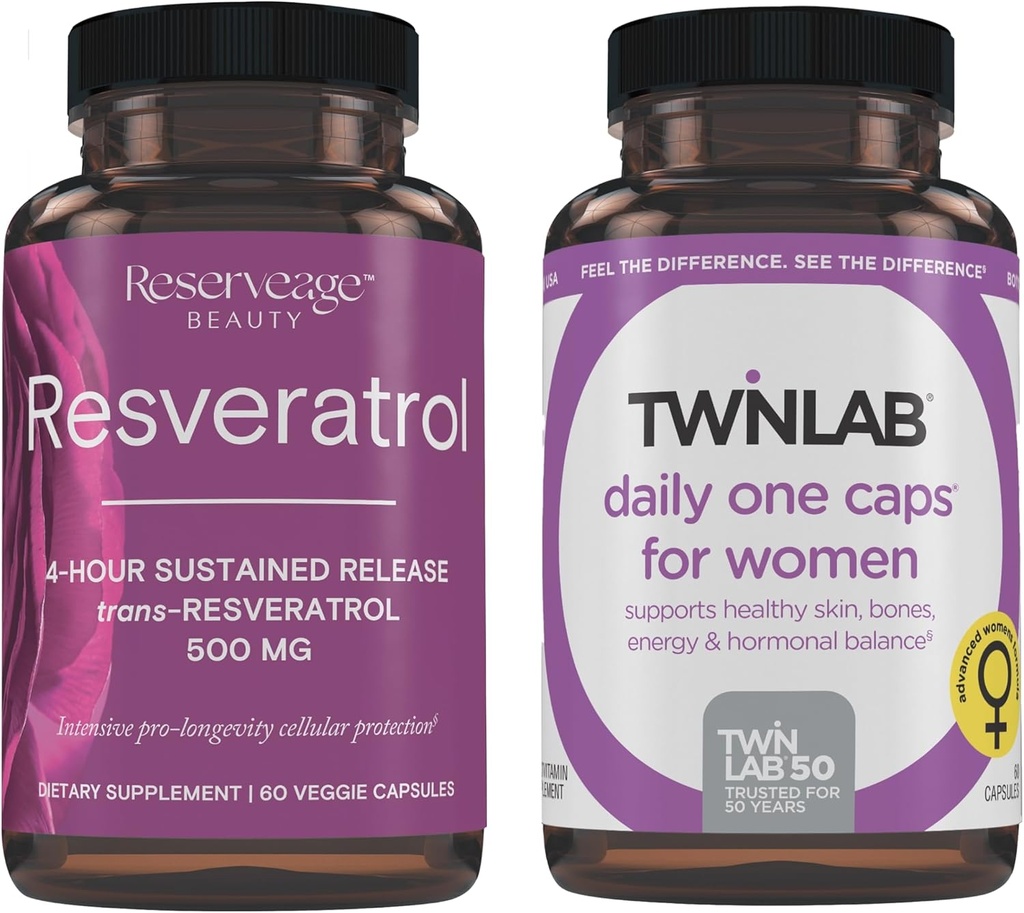 Rezervare Beauty Resveratrol 500 mg - Susţinut-Release Trans-Resveratrol - Vegan Antioxidant Supliment pentru Brain & Heart Health 60 Capsule & Twinlab TWL Femei zilnic One 60 ct