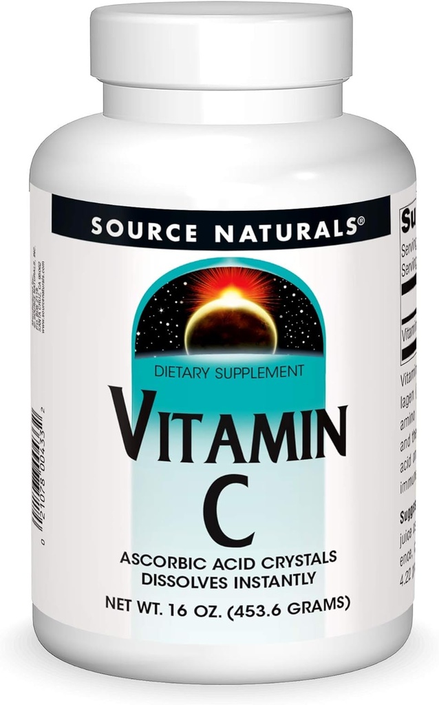 Surse naturale Vitamina C - Cristale acid ascorbic Care dizolvă instantaneu, Supliment alimentar - 16 oz