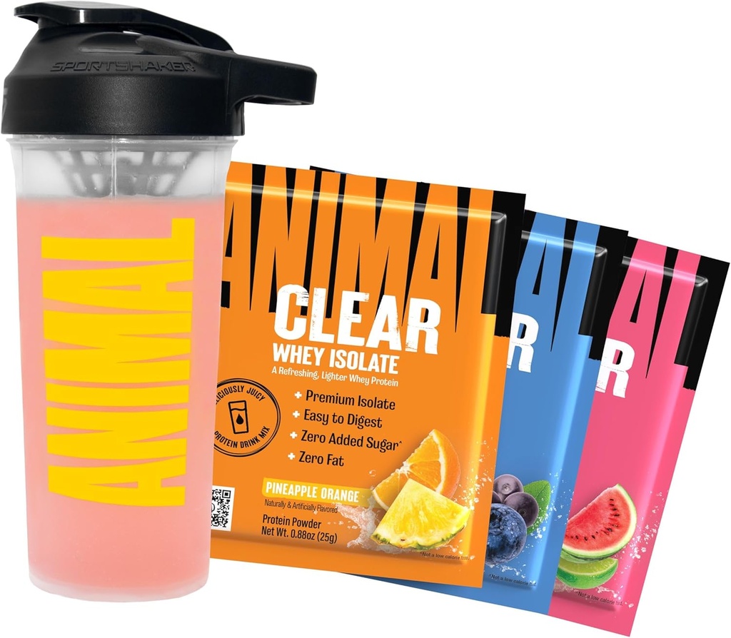 Animal Clear Whey Proteine Izolate Sampler Pack & Shaker Sticla - Deliciously Juicy 20g Proteina, Pepene verde, Acai, Ananas Orange, 3 Pachete de unică servire