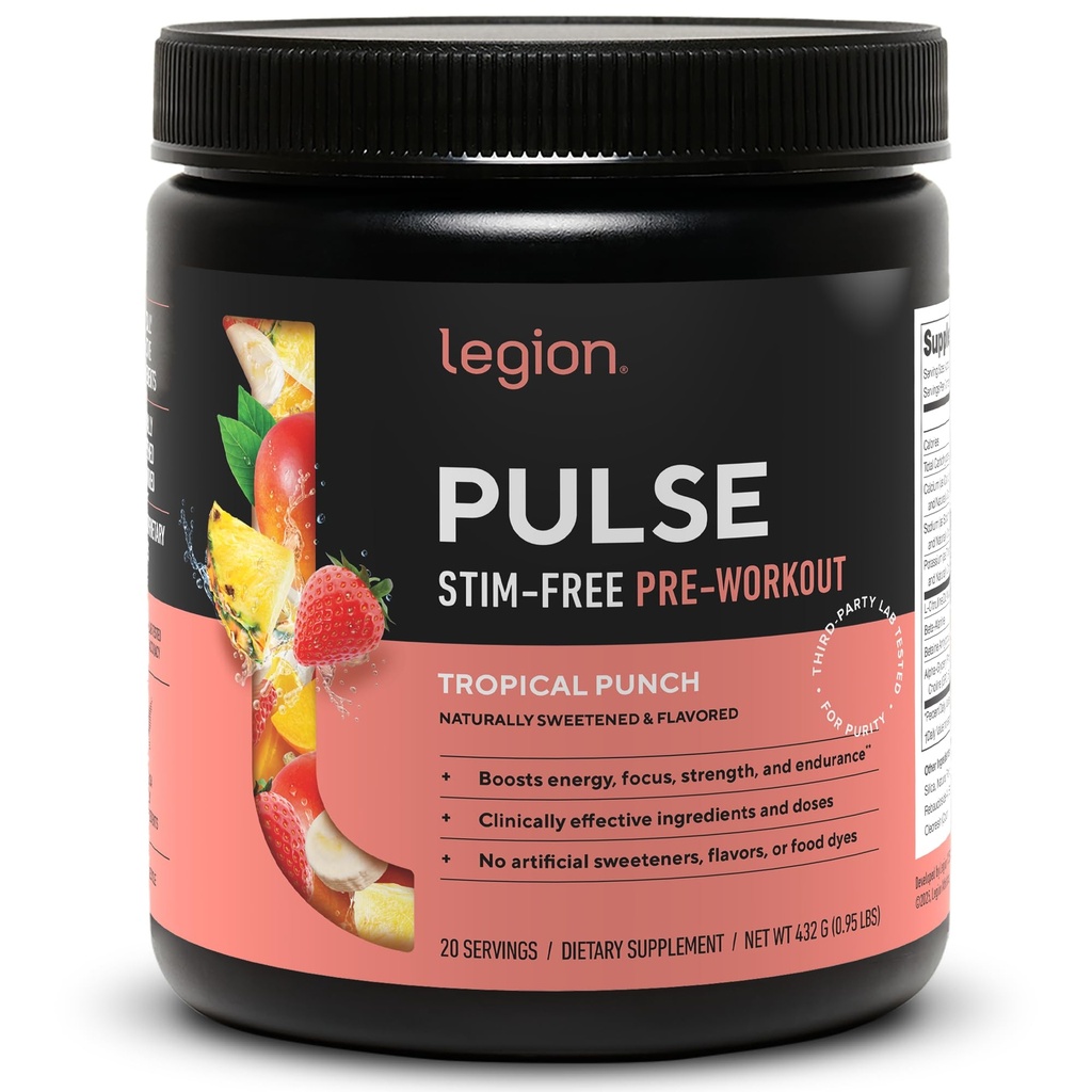 LEGION Pulse Pre Workout Supliment - toate naturale oxid nitric Preworkout Băutură pentru stimularea energiei, Creatine Free, natural îndulcit, Beta Alanine, Citruline, Alpha GPC (Cafeina gratuit Tropical Punch)