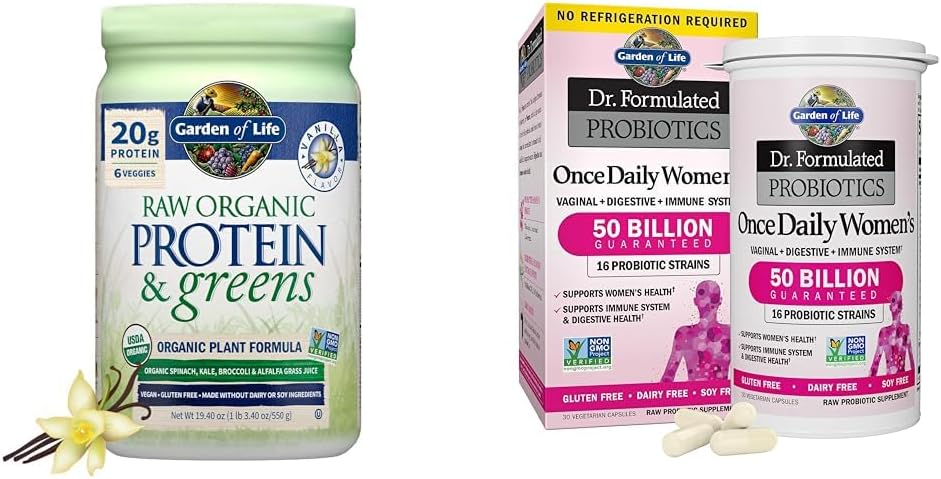 Gradina de viata Proteina organica bruta & Greens Vanilla - praf de proteine Vegan pentru femei & Dr. Probiotice feminine Formulate o dată pe zi, 16 Strains, 50 Miliarde, 30 Conte
