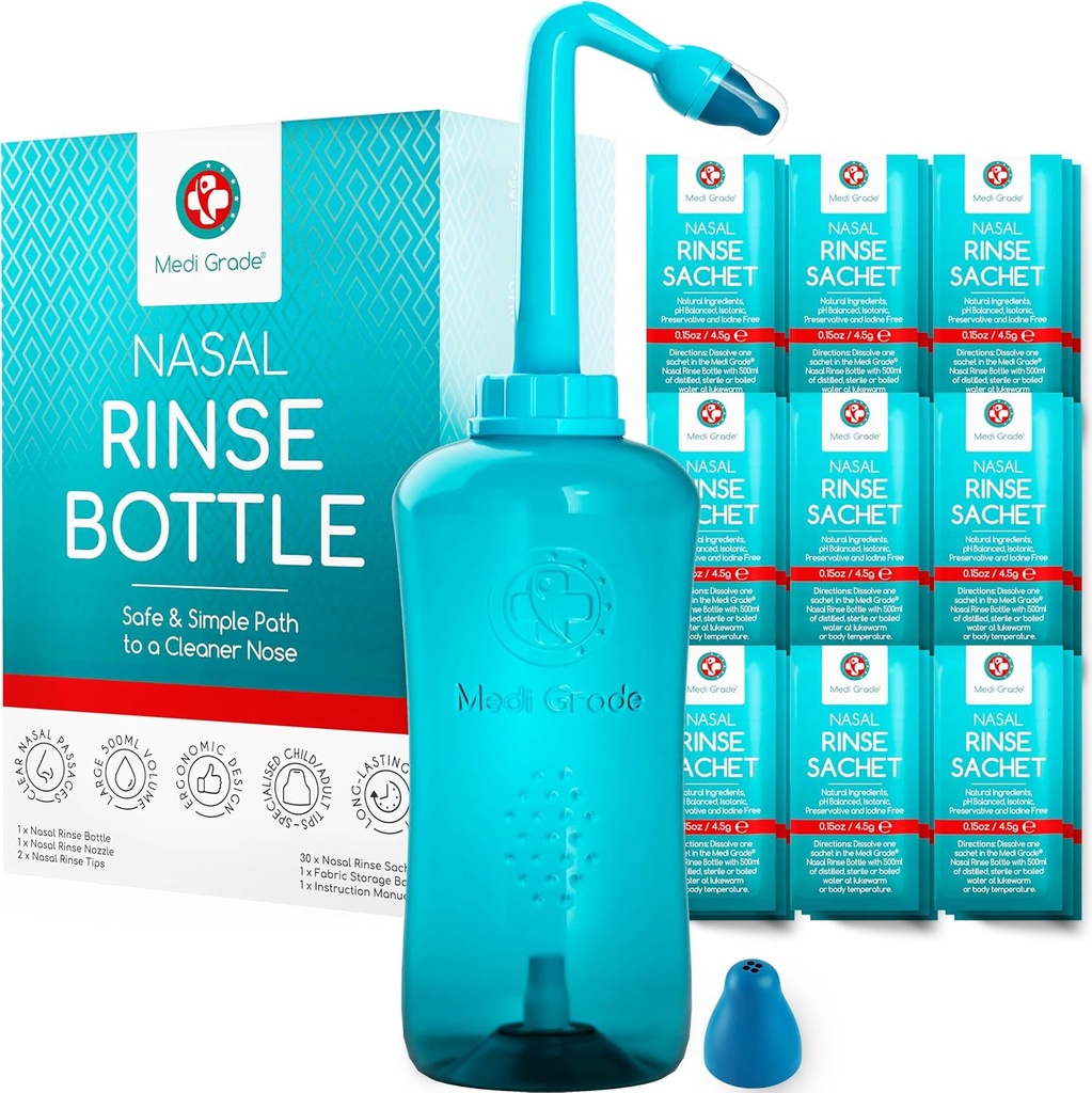 Medi Grade Sinus Clătire Sticla, 500ml cu 30 Pachete de clătire Sinus - Sistem complet de irigare nazală - Neti Pot Nose Cleaner - Kit Nasal pentru Acasă sau Călătorie - 2 Sfaturi Nasal Clătire și sac de stocare