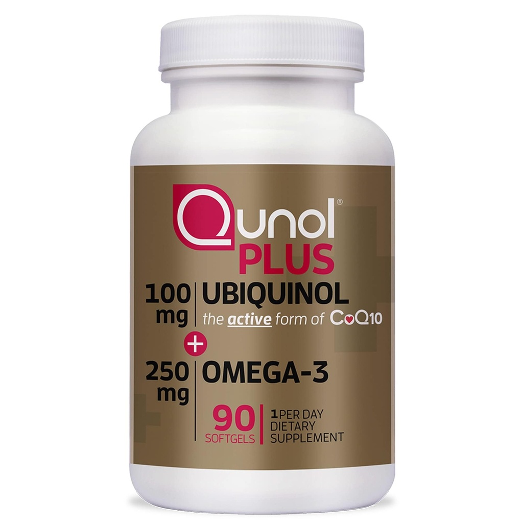 Qunol Plus Ubichinol CoQ10 100mg cu ulei de pește Omega 3 250mg, supliment antioxidant cu rezistență suplimentară, 90 Conte