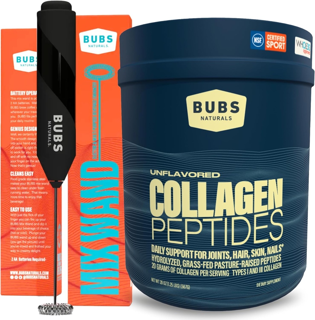 BUBS Naturals Colagen Peptides Powder & Mixing Wandle Bundle, Colagen for Women & Men, Hydrolyzed Peptides, Nearomated Pasture Crescută Iarbă Fed, Keto Friendly, 20 oz Collagen Tub (28 Servings) +1 Wand