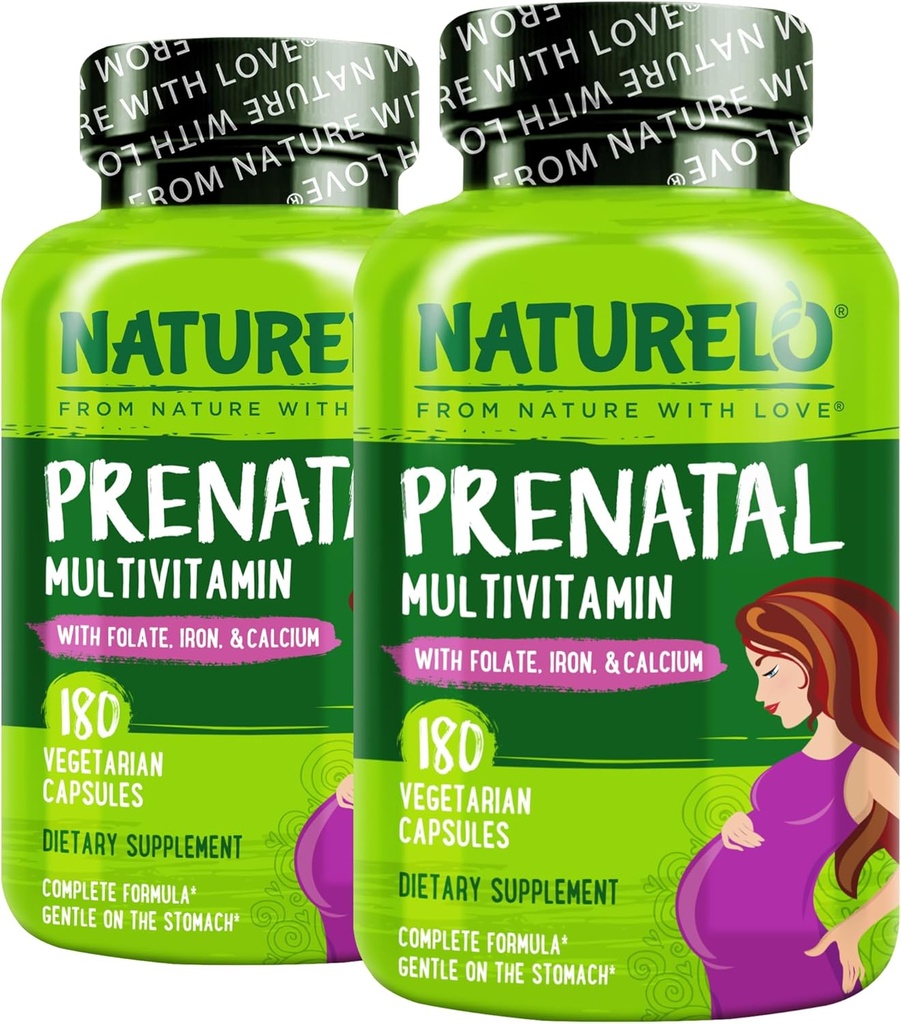 NATURLO Multivitamine prenatale cu Blind Chelated Fier, Folate de metil, Plant Calciu & Choline - Vegan, Vegetarian - Non-GMO - Gluten Free - 180 Capsule - 4 Luna de aprovizionare (Pachet de 2)