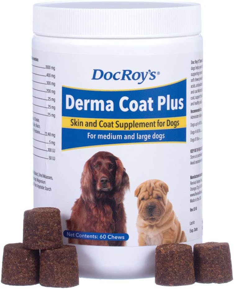 Revival Animal Health Doc Roy's Derma Coat Plus Skin & Coat Supplement pentru câini de talie medie/mare - 60 ct Chews