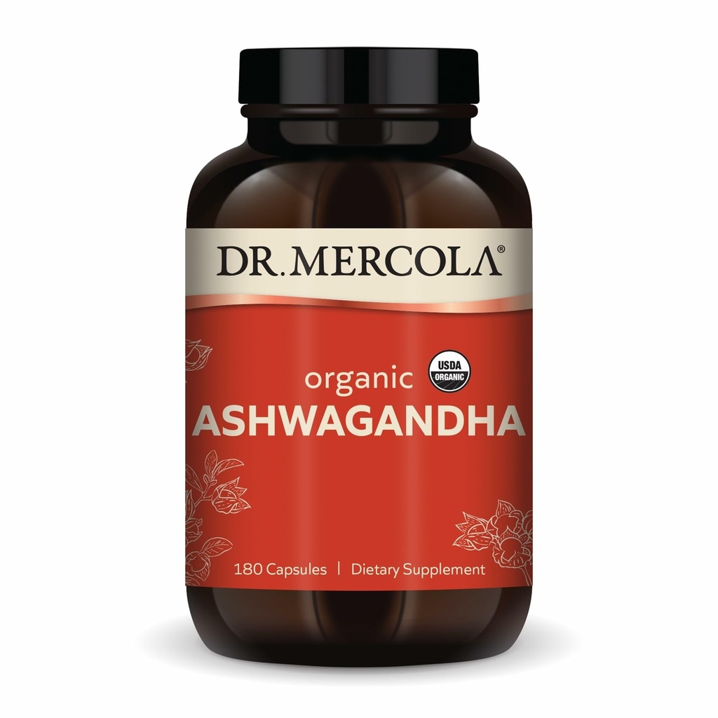 Dr. Mercola Organic Ashwagandha - Sprijină producția de energie și sănătatea suprarenală - 800 mg per servire - non-GMO, gluten-free & Soy-Free - certificate USDA Organic - 180 capsule (90 Servings)