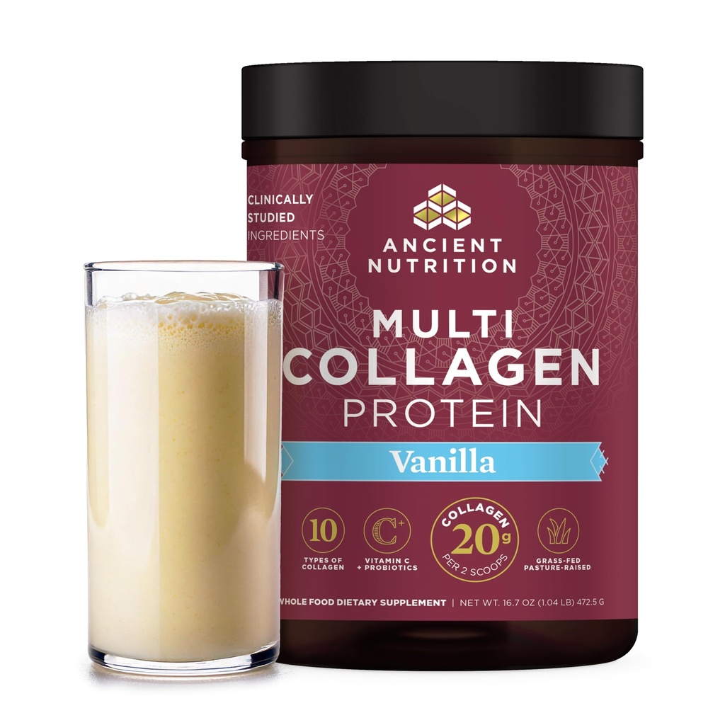 Nutriție antică Colagen Peptides pulbere, Multi Colagen Proteina, Femei & Bărbați, Vitamina C, Probiotice, Hidrolized Colagen, Sprijină Piele, Articulații, Sanatate Gut, Vanilie, 45 Serviri