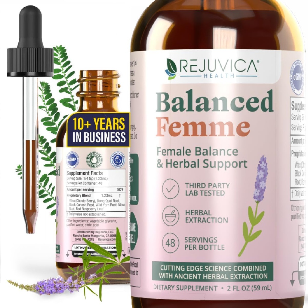 Rejuvica Health Balanced Femme - Advanced Fealance Supplement - Livrare lichida pentru o mai buna absorbtie - Vitex, Dong Quai, Black Cohosh, Maca Wild Yam & More!
